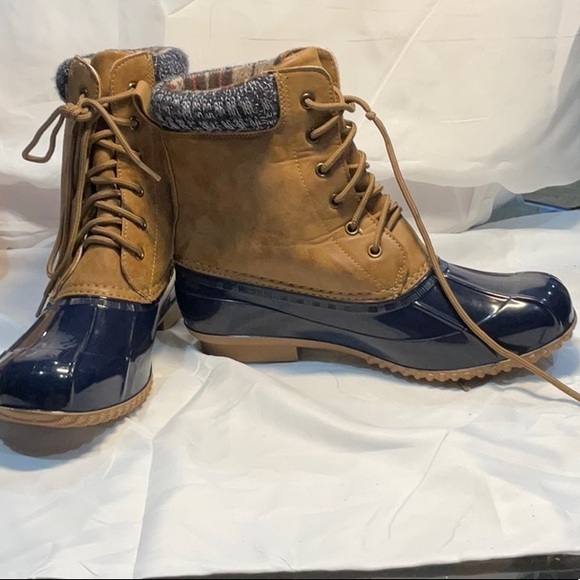 Justfub Tan and Blue Waterproof Winter Boots - Picture 1 of 8